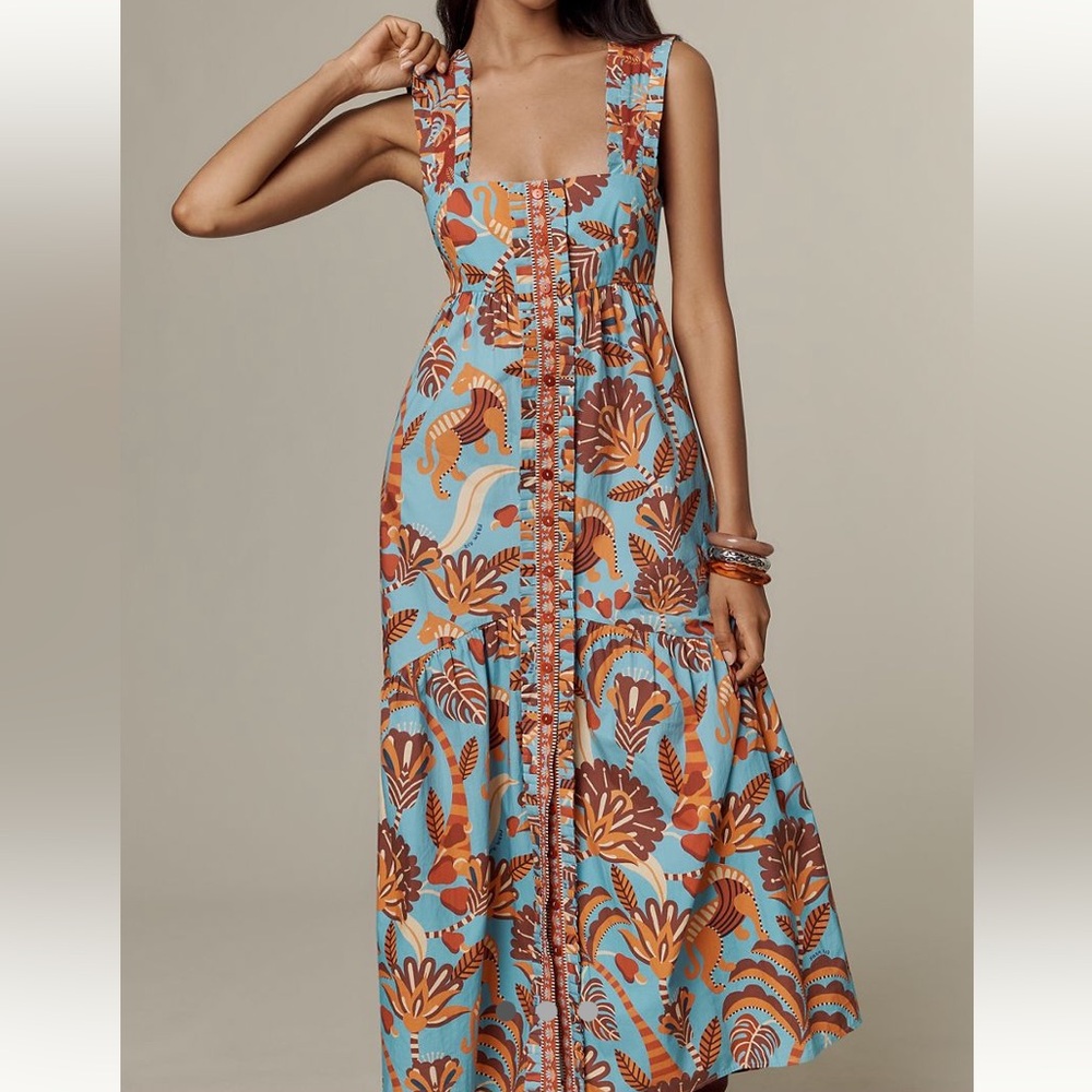 New FARM Rio x Anthropologie Natural Beauty Square Neck Midi Dress